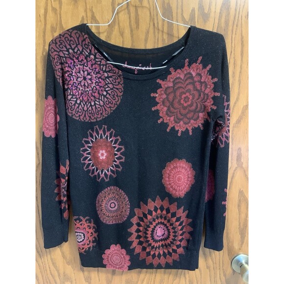 Desigual Embellished Sequin Dark Florals Mandala Floral Print Tunic Sweater L - Picture 2 of 8
